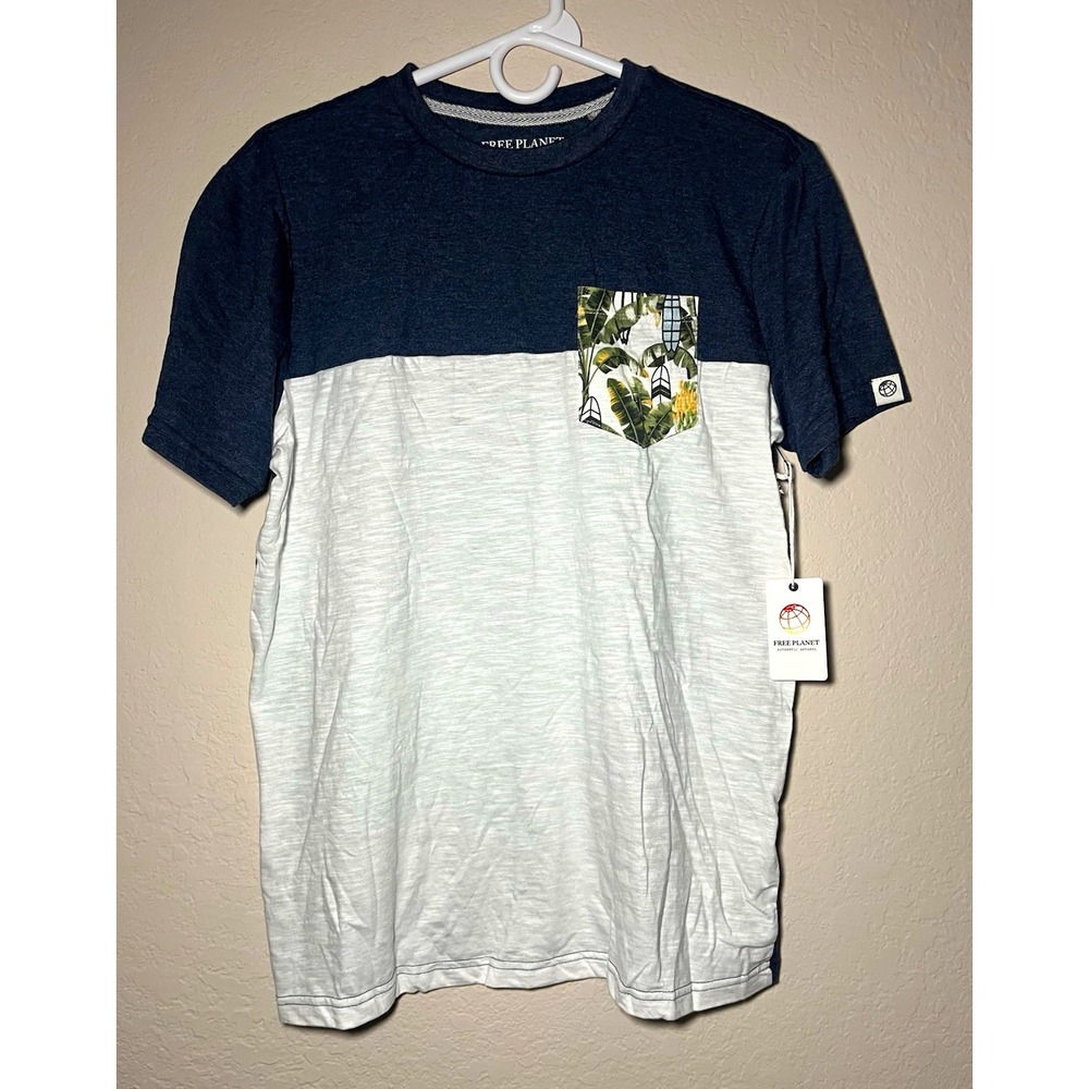 Free Planet men's blue/white colorblock floral pocket crew neck knit t-shirt M
